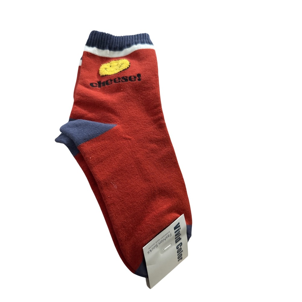 Vivid Color Red Smiley Face Cheese Embroidered Crew Socks Womens 4-7 NEW